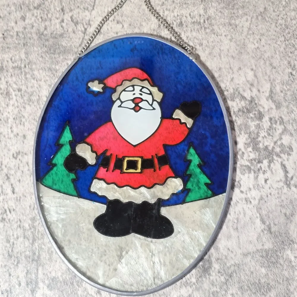 Vtg Santa Claus Stained Glass Hanging Oval Sun Catcher Christmas Decoration 7